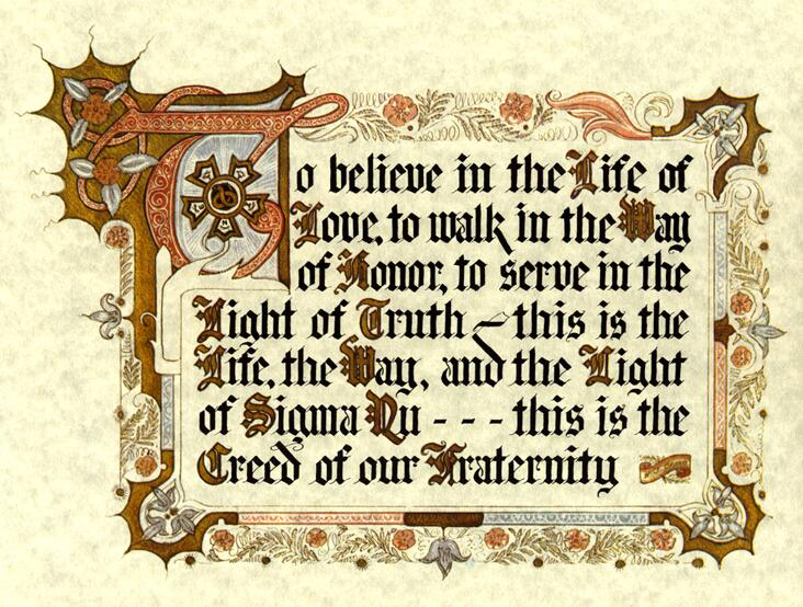 Sigma Nu fraternity creed document with founding principles and values displayed